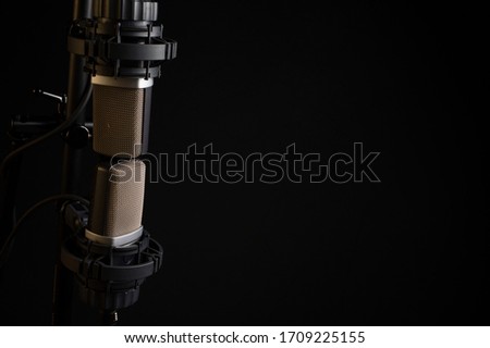 Coincident (X-Y) Large-Diaphragm Condenser Stereo Microphone Pair on Left with Room for Text
