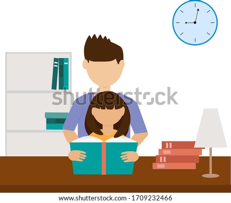 Reading a book at home. Dad is reading a book to his daughter. Vector illustration isolated on a white background. Flat style