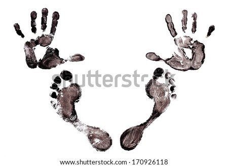 Detail print of the black hand and foot on white background