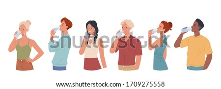 Men and women  drinking water from plastic bottles and glasses set. Vector illustration in a flat style Royalty-Free Stock Photo #1709275558
