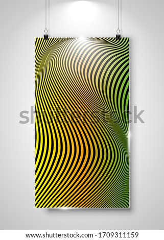 striped banner display with clip hanging on wall. Advertising template mockup stand exhibit. Psychedelic lines, Optical Art background. Wave design colorful gradient. Vector illustration isolated