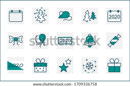 Happy New Year Pigs. Set vector line icon. Contains such Icons as Pig, Christmas Tree, Calendar 2019, Bow, Balloons, Bell, Candy, Gift Box, Stars, Snowflake. Editable Stroke. 32x32 Pixel Perfect