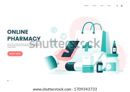 Online pharmacy flat illustration. Medicine ordering mobile app. Medical supplies, bottles liquids and pills. Drug store web page concept. Vector eps 10. Royalty-Free Stock Photo #1709343733