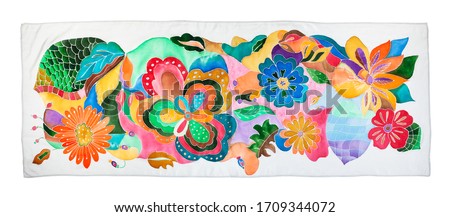 silk scarf with floral pattern hand-drawn in cold contour batik technique isolated on white background