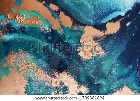 Abstract painting. Modern Art. Marble effect picture. Mixed turquoise and pink colors. Dark blue ocean background for a poster, postcard, invitation. Sea Liquid.