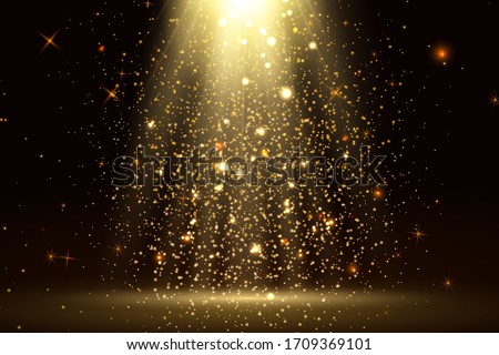 Stage light and golden glitter lights effect with gold rays, beams and falling glittering dust on floor. Abstract gold background for display your product. Shiny spotlight or stage. vector. Royalty-Free Stock Photo #1709369101