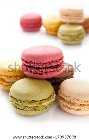 Colorful French Macarons on the white background