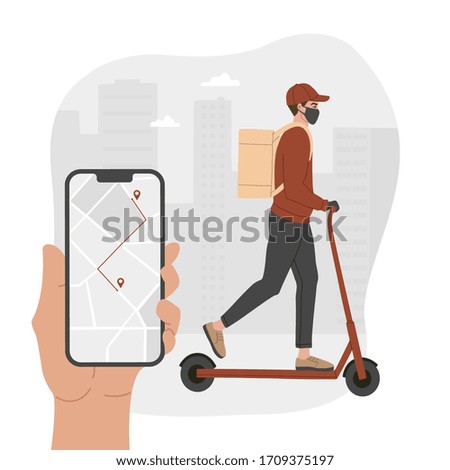 Concept of online delivery, hand holding phone, mobile app with map, courier in a respiratory mask with a box and on an electric scooter. Vector illustration, white isolated background. 