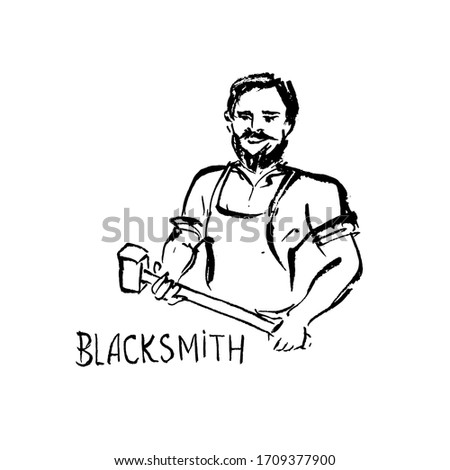 A blacksmith with a hammer. Black-white ink illustration.