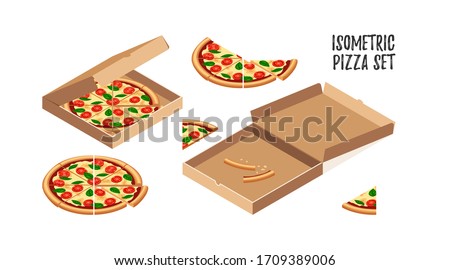 Tasty pizza margherita with tomato, cheese, basil isometric set. 3d slicesand food crusts in opened carton box. Flat fast food icon collection. Vector illustration for web, advert, menu, app