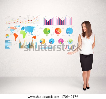 Business woman with colorful graphs and charts concepts