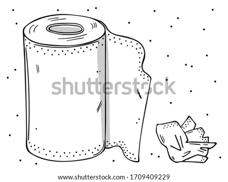 Illustration of a roll of paper towels and a used napkin. Monochrome image on a white background.
