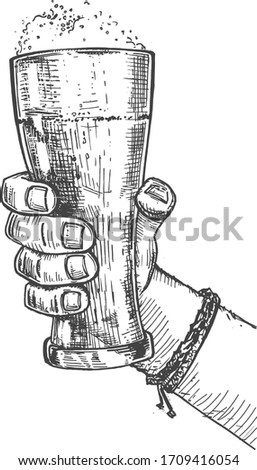 Vector illustration of a man hand holding a beer Weizen glass at the bar. Alcohol brew drink in vintage hand drawn engraving etching style.