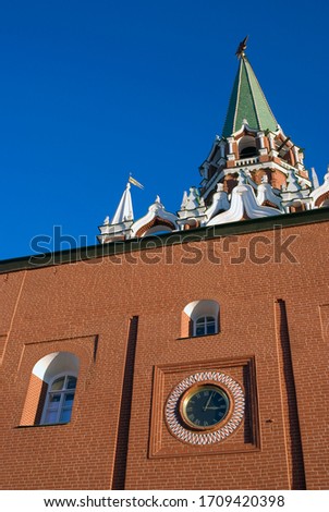 Troitskaya (Trinity) tower of Moscow Kremlin. Popular touristic landmark. Color photo