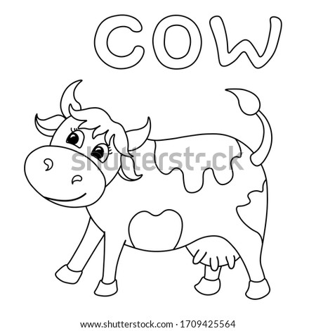 Cow coloring book for children on a white background with an inscription in English, cartoon stylized vector illustration. Suitable for children's educational books, notebooks, toys, games, postcards.