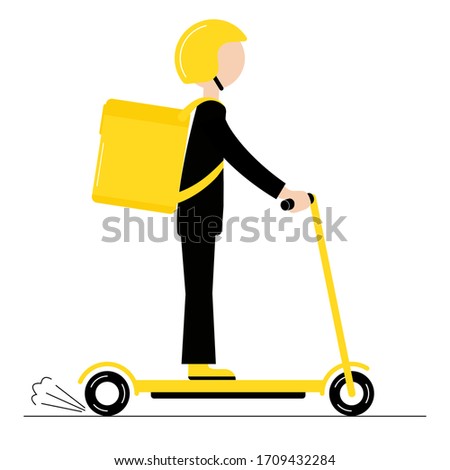 Delivery man with ordered food. Fast and free delivery. Doodle vector illustration