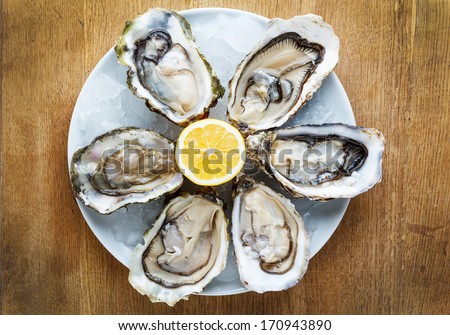 Fresh oysters in a white plate with ice and lemon on a wooden desk Royalty-Free Stock Photo #170943890