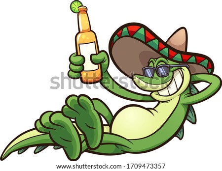 Cartoon iguana with Mexican somberor holding a bottle of beer. Vector clip art illustration with simple gradients. All in a single layer.
