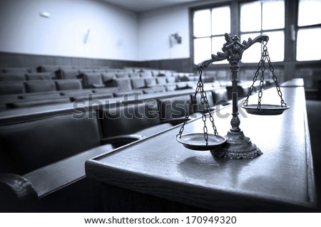 Symbol of law and justice in the empty courtroom, law and justice concept, blue tone Royalty-Free Stock Photo #170949320