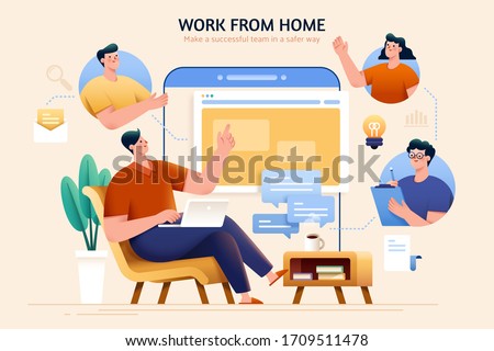 Concept of telecommuting and work from home, designed with a team discussing wonderful ideas through online meeting and maintaining their productivity Royalty-Free Stock Photo #1709511478