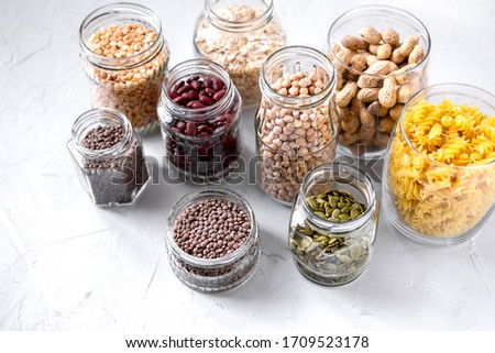 Pasta, lentils, Chickpeas And Beans In Jars.