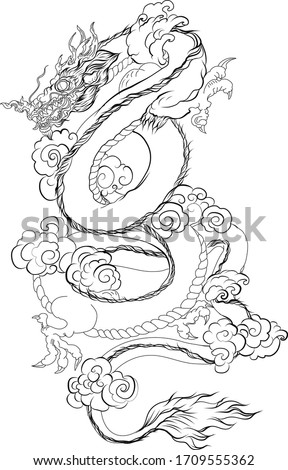 Hand drawn Silhouette dragon.Black and white Traditional Japanese dragon.Dragon coloring book.