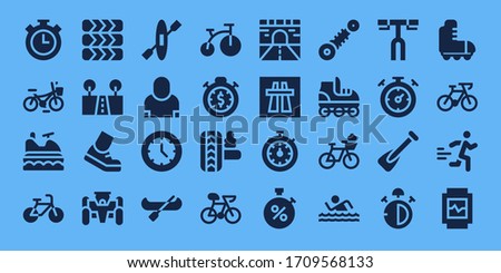 Modern Simple Set of race Vector filled Icons. Contains such as Stopwatch, Bicycle, Tires, Street, Running, Race car and more Fully Editable and Pixel Perfect icons.