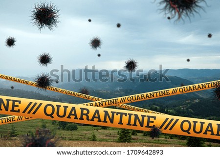 Quarantine Barrier yellow forbidden tape, isolation. Coronavirus. Summer landscape. Concept of closing borders, travel ban