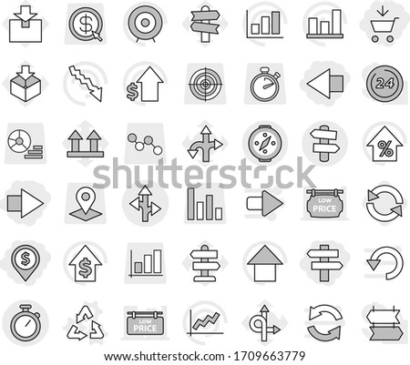 Editable thin line isolated vector icon set - add to cart, dollar pin, right arrow, left, singlepost, route, stopwatch, signpost, compass, recycle vector, reload, graph, crisis, percent growth, up