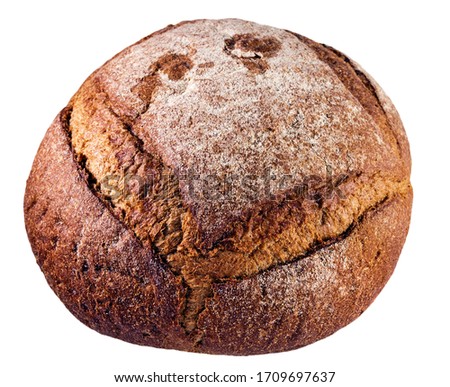 Round rye wheat bread with embossed crust isolated on a white background. Top view