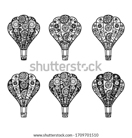 Set of decorative black hot air balloon made of gears and chains on a white. Mechanism. Steampunk. Vector decorative elements for greeting card, decor, stylish design, printing on t-shirts, clothing