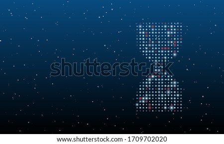 On the right is the hourglass symbol filled with white dots. Background pattern from white dots and circles of different shades. Some dots is red. Vector illustration on blue background with stars