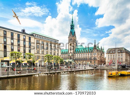 Beautiful view of Hamburg city center with town hall and Alster river, Germany Royalty-Free Stock Photo #170972033
