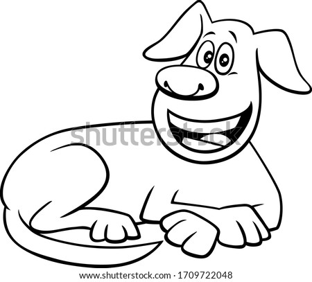 Black and White Cartoon Illustration of Happy Lying Dog Comic Animal Character Coloring Book Page