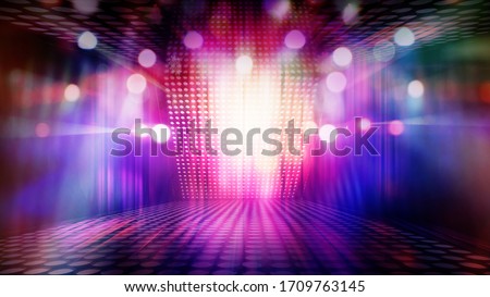 blurred empty theater stage with fun colourful spotlights, abstract image of concert lighting  illumination background Royalty-Free Stock Photo #1709763145