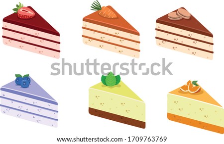 A piece of cake with a taste of strawberries, chocolate, blueberries, mint, blueberries and orange in a vector format