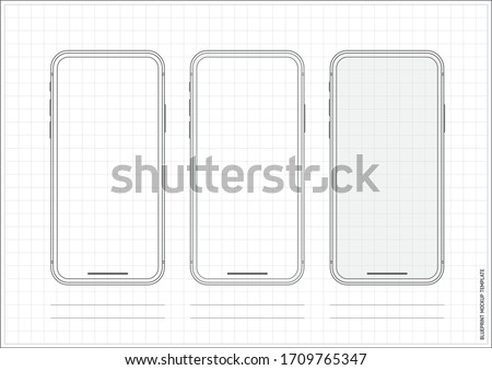 Mobile Phone App UI Wireframe Grid A4 Template Blueprint on White Background Display Mockup similar to iPhone Samsung Google Huawei Smartphone