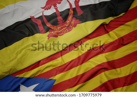 waving colorful flag of catalonia and national flag of brunei. macro