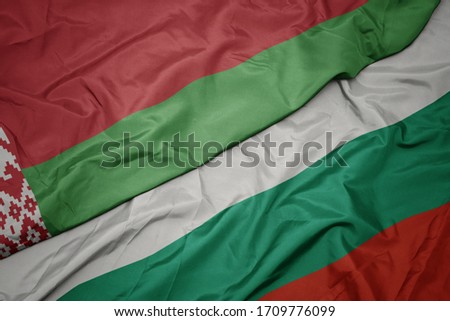 waving colorful flag of bulgaria and national flag of belarus. macro