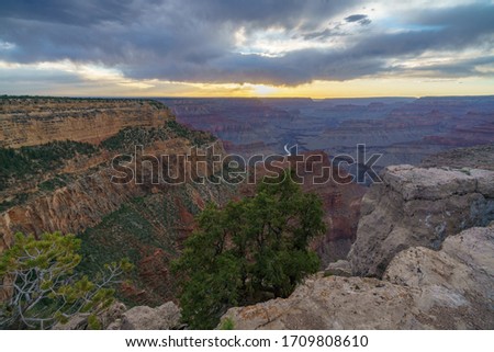sunset at hopi point on the rim trail at the south rim of grand canyon in arizona in the usa