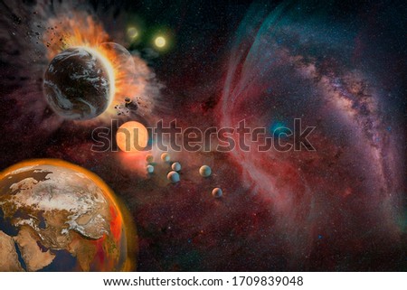 Landscape of Planet, Sunrise, Earth and milky way view from space. (Elements of this image furnished by NASA)