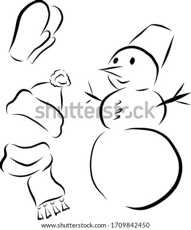 Vector drawn elements on winter theme. Snowman, scarf, hat, mittens. Sketch line elements.