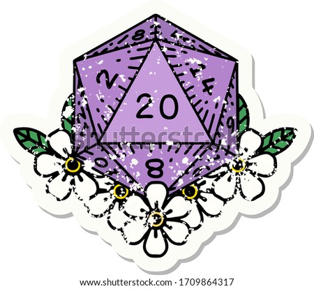grunge sticker of a natural 20 D20 dice roll with floral elements