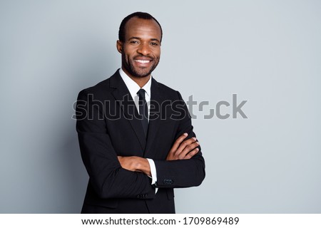 Portrait of smart afro american man leader investor cross hands ready decide solution wear jacket isolated over gray color background