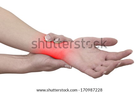 Acute pain in a woman wrist. Female holding hand to spot of wrist pain. Concept photo with Color Enhanced blue skin with read spot indicating location of the pain. Isolation on a white background. 