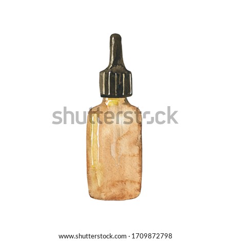 Glass brown bottle for essential oil isolated on white background. Watercolor hand drawing illustration for cosmetic design. Clip art.