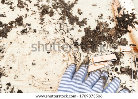 Small garden tools with some spilled soil on the wooden table.