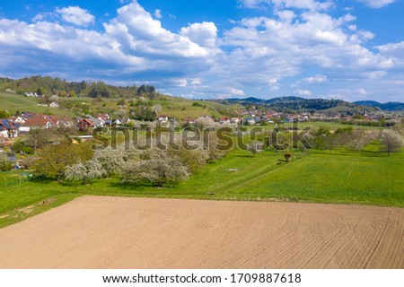 Aerial drone view, Landscape of the Kinzig valley with a view of Ohlsbach. Ortenberg in the Black Forest in Germany