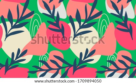 Seamless pattern of Hand drawn various shapes doodle objects, lines and plant leaf foliage background Colorful floral background for patterns. Abstract vector design illustration