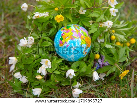 Globe in bright spring forest flowers. The picture, symbolizing the protection of the environment.